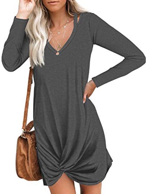 Berryou Women's Casual Short Sleeve V Neck Front Knot Twist Tie T Shirt Dress