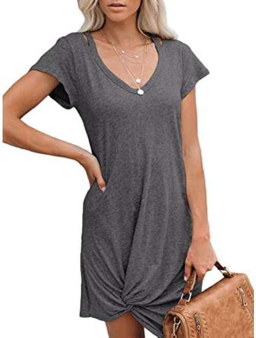 Berryou Women's Casual Short Sleeve V Neck Front Knot Twist Tie T Shirt Dress