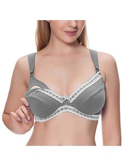 Gratlin Women's Cotton Lace Trim Underwire Non-Padded Maternity Nursing Bra