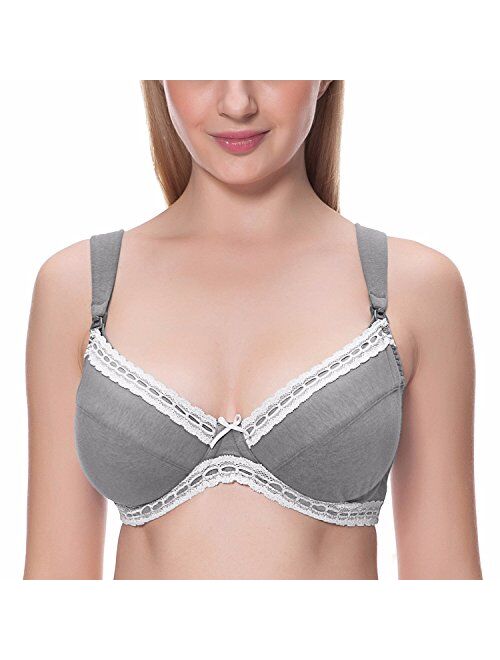 Gratlin Women's Cotton Lace Trim Underwire Non-Padded Maternity Nursing Bra