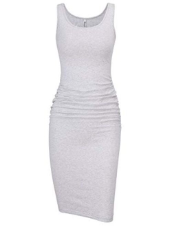 Missufe Women's Sleeveless Tank Ruched Casual Knee Length Bodycon Sundress Basic Fitted Dress