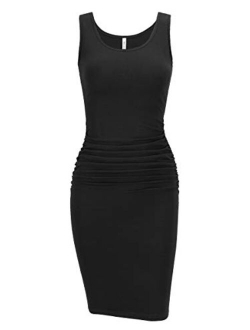 Missufe Women's Sleeveless Tank Ruched Casual Knee Length Bodycon Sundress Basic Fitted Dress