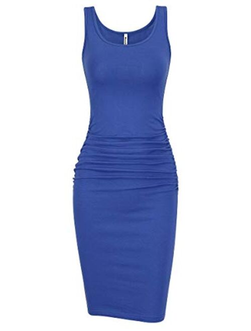 Missufe Women's Sleeveless Tank Ruched Casual Knee Length Bodycon Sundress Basic Fitted Dress