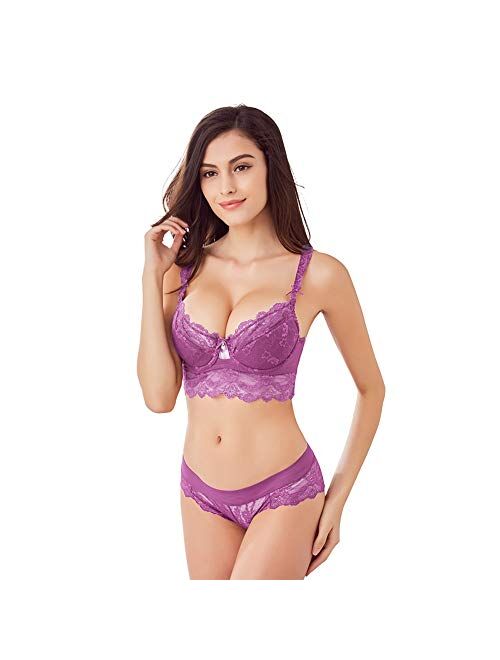 Women's Push Up Embroidery Bras Set Lace Lingerie Bra and Panties