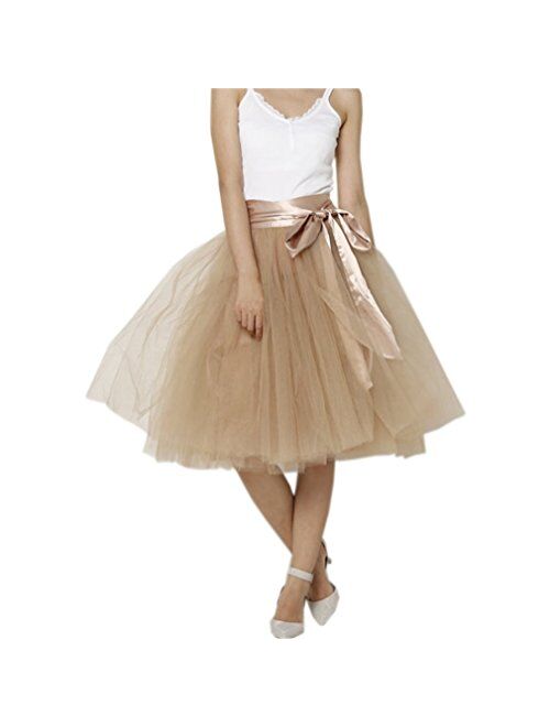 Lisong Women Knee Length Bowknot Layered Tulle Party Prom Skirt