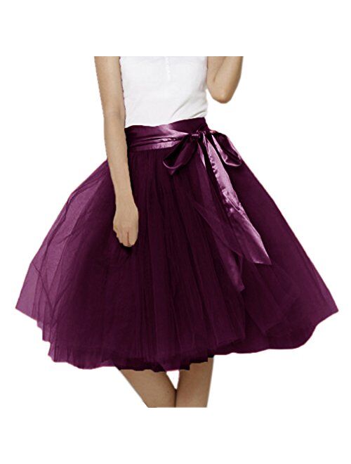 Lisong Women Knee Length Bowknot Layered Tulle Party Prom Skirt