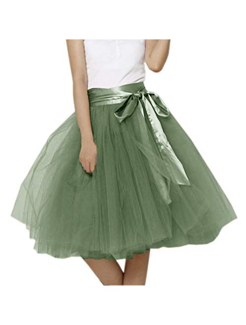 Lisong Women Knee Length Bowknot Layered Tulle Party Prom Skirt