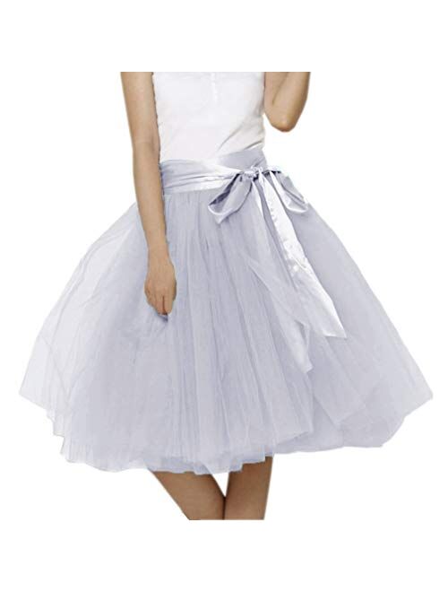 Lisong Women Knee Length Bowknot Layered Tulle Party Prom Skirt