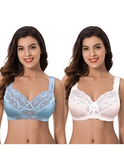 Curve Muse Women's Plus Size Minimizer Unlined Wireless Lace Full Coverage Bras