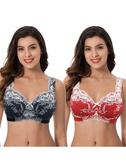 Curve Muse Women's Plus Size Minimizer Unlined Wireless Lace Full Coverage Bras