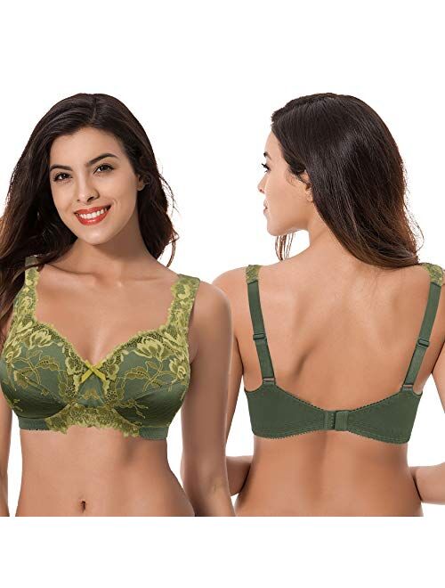 Curve Muse Women's Plus Size Minimizer Unlined Wireless Lace Full Coverage Bras