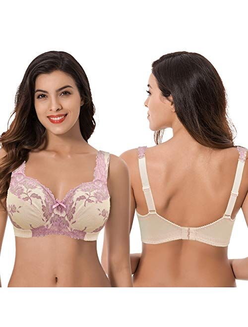 Curve Muse Women's Plus Size Minimizer Unlined Wireless Lace Full Coverage Bras