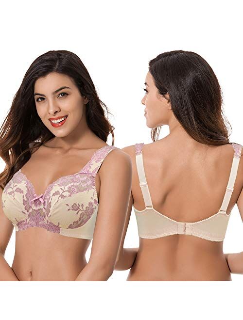 Curve Muse Women's Plus Size Minimizer Unlined Wireless Lace Full Coverage Bras