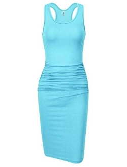 Missufe Women's Sleeveless Racerback Tank Ruched Bodycon Sundress Midi Fitted Casual Dress