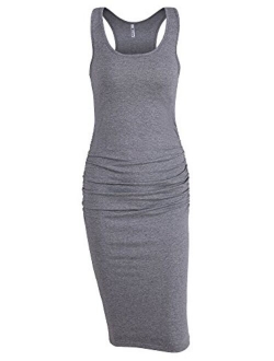 Missufe Women's Sleeveless Racerback Tank Ruched Bodycon Sundress Midi Fitted Casual Dress