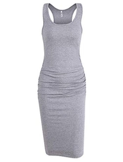 Missufe Women's Sleeveless Racerback Tank Ruched Bodycon Sundress Midi Fitted Casual Dress