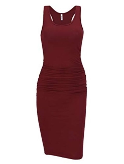 Missufe Women's Sleeveless Racerback Tank Ruched Bodycon Sundress Midi Fitted Casual Dress