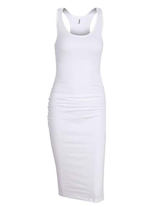 Missufe Women's Sleeveless Racerback Tank Ruched Bodycon Sundress Midi Fitted Casual Dress