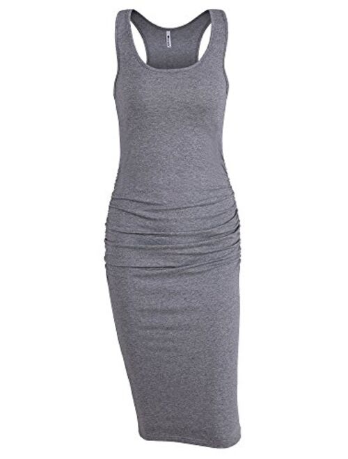 Missufe Women's Sleeveless Racerback Tank Ruched Bodycon Sundress Midi Fitted Casual Dress