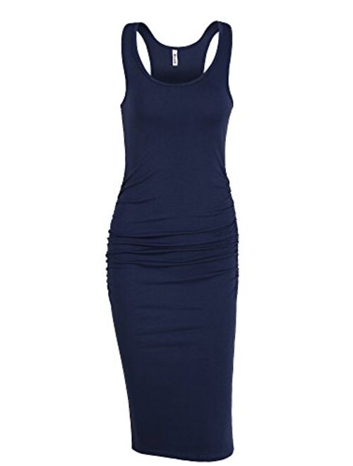 Missufe Women's Sleeveless Racerback Tank Ruched Bodycon Sundress Midi Fitted Casual Dress