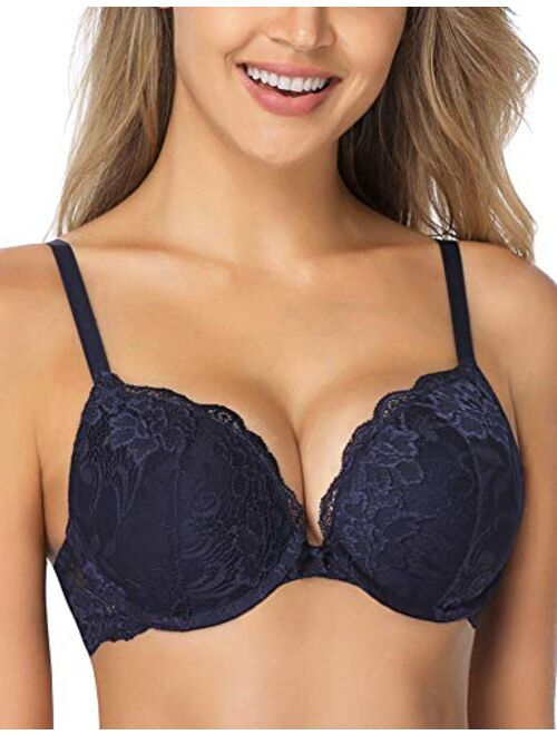 Wingslove Women’s Push Up Bra Floral Lace Lightly Padded Comfort Underwire Bra Demi