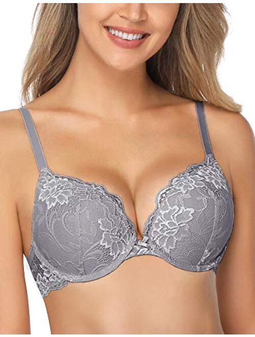 Wingslove Women’s Push Up Bra Floral Lace Lightly Padded Comfort Underwire Bra Demi