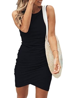 BTFBM Women Crew Neck Ruched Sleeveless Tank Bodycon 2020 Shirt Short Mini Dresses