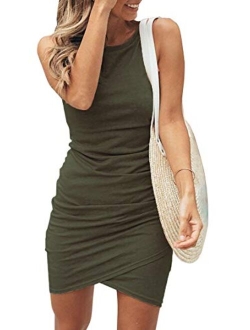 BTFBM Women Crew Neck Ruched Sleeveless Tank Bodycon 2020 Shirt Short Mini Dresses