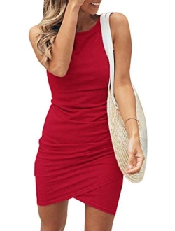 BTFBM Women Crew Neck Ruched Sleeveless Tank Bodycon 2020 Shirt Short Mini Dresses