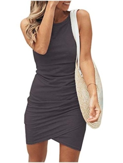 BTFBM Women Crew Neck Ruched Sleeveless Tank Bodycon 2020 Shirt Short Mini Dresses