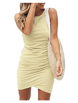 BTFBM Women Crew Neck Ruched Sleeveless Tank Bodycon 2020 Shirt Short Mini Dresses