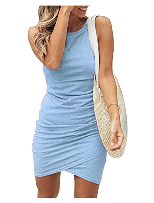 BTFBM Women Crew Neck Ruched Sleeveless Tank Bodycon 2020 Shirt Short Mini Dresses