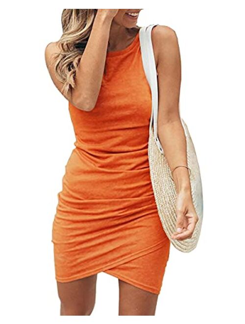 BTFBM Women Crew Neck Ruched Sleeveless Tank Bodycon 2020 Shirt Short Mini Dresses