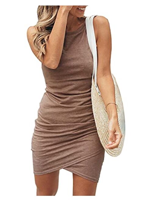 BTFBM Women Crew Neck Ruched Sleeveless Tank Bodycon 2020 Shirt Short Mini Dresses