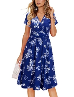 OUGES Women's Summer Short Sleeve V-Neck Floral Short Party Dress with Pockets