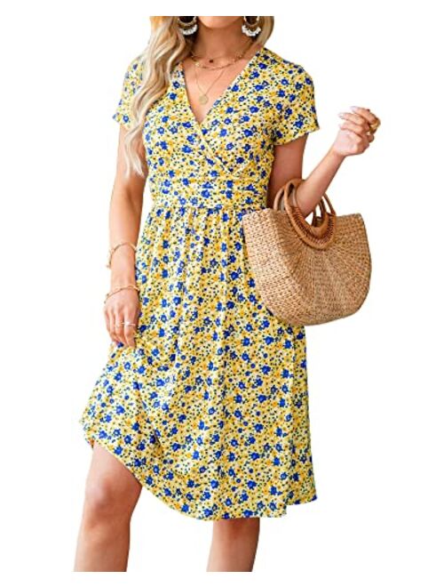 OUGES Women's Summer Short Sleeve V-Neck Floral Short Party Dress with Pockets