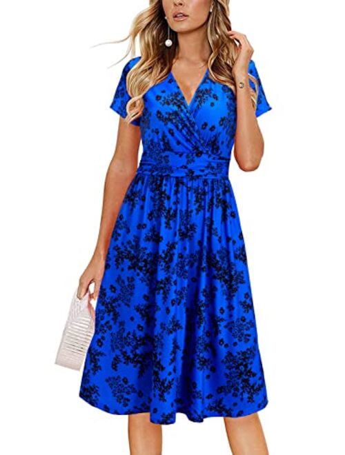 OUGES Women's Summer Short Sleeve V-Neck Floral Short Party Dress with Pockets