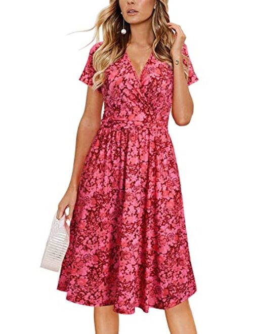 OUGES Women's Summer Short Sleeve V-Neck Floral Short Party Dress with Pockets