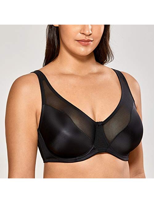 DELIMIRA Women's Full Coverage Unlined Sheer Underwire Minimizer Bra