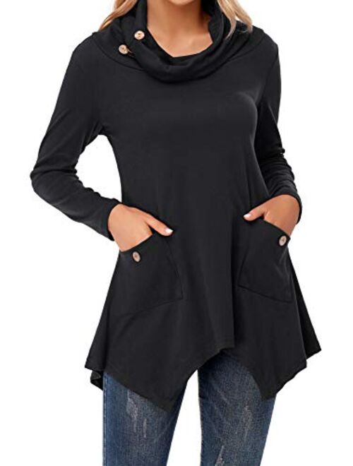 Hibelle Women's Cowl Neck Asymmetric Hem Tunic Tops with Pockets (FBA Only)