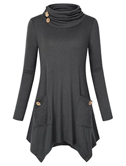 Hibelle Women's Cowl Neck Asymmetric Hem Tunic Tops with Pockets (FBA Only)