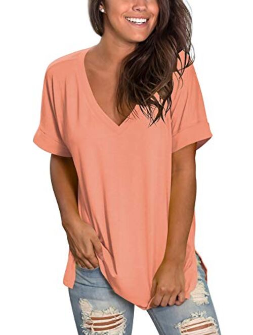 SAMPEEL Women's Basic V Neck T Shirt Ladies Summer/Fall Tops Short/Long Sleeve Tee with Pocket