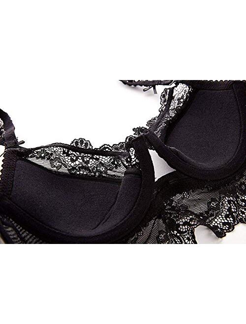 Womens Sexy Embroidery Lace Plunge Push Up Bra Set Underwear and Panties Set