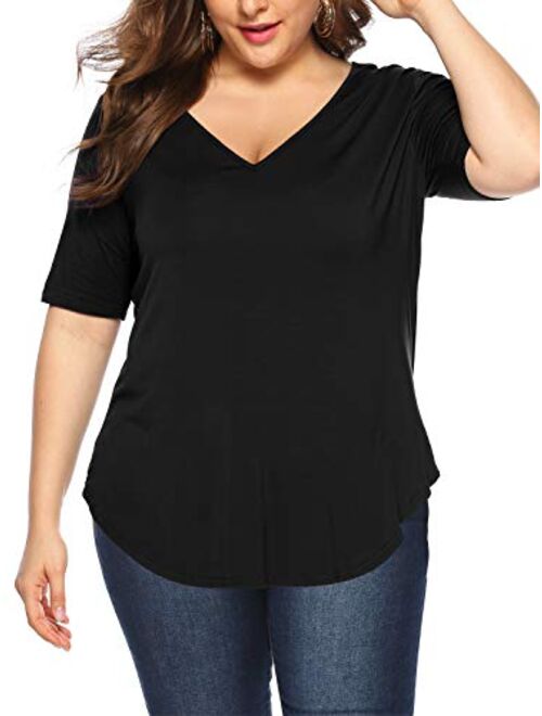 Amoretu Womens Plus Size Tunic Tops Short Sleeve V-Neck T-Shirt Casual Blouse