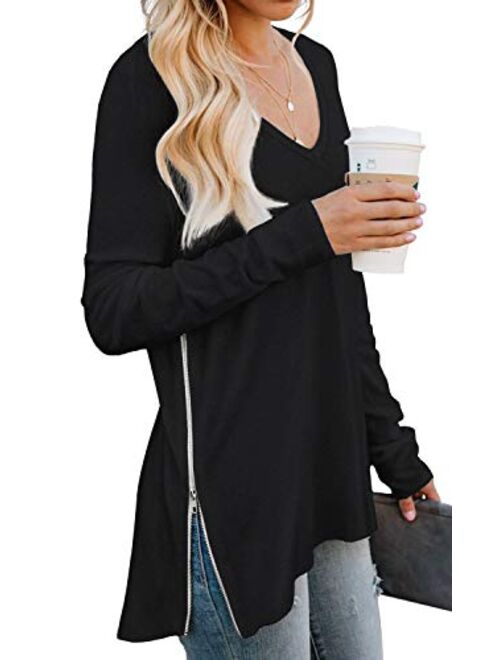 PrinStory Women's Causal V-Neck Soft Raglan Long Sleeves Sweatshirts Tops Basic T-Shirt Split Blouse with Side Zipper