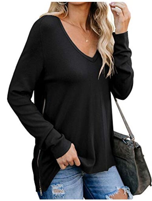 PrinStory Women's Causal V-Neck Soft Raglan Long Sleeves Sweatshirts Tops Basic T-Shirt Split Blouse with Side Zipper