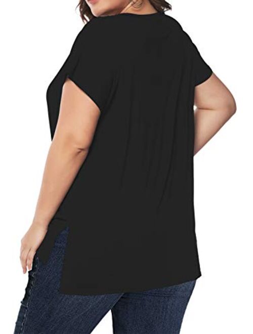 Florboom Womens Casual Basics Plus Size Tops V Neck Loose Fit High Low T Shirts