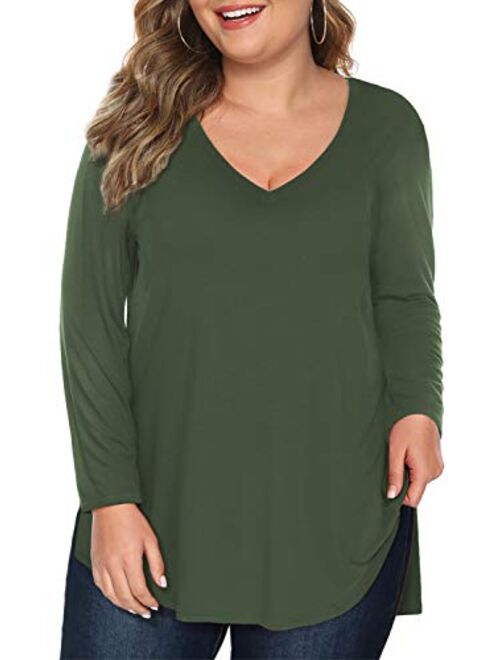 Florboom Womens Casual Basics Plus Size Tops V Neck Loose Fit High Low T Shirts