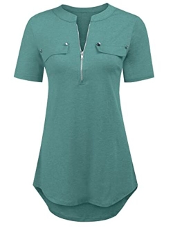 LuckyMore Women's Short Sleeve Zip Flowy Tunic Tops Business Casual Work Office Blouses Shirts