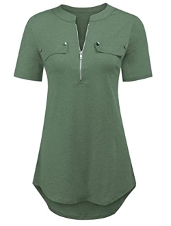 LuckyMore Women's Short Sleeve Zip Flowy Tunic Tops Business Casual Work Office Blouses Shirts